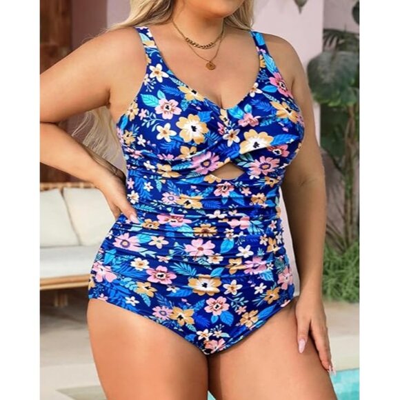 Daci Plus Size 18W One Piece Swimsuit Floral Twist Front Blue Ruched Swimwear - Picture 2 of 9